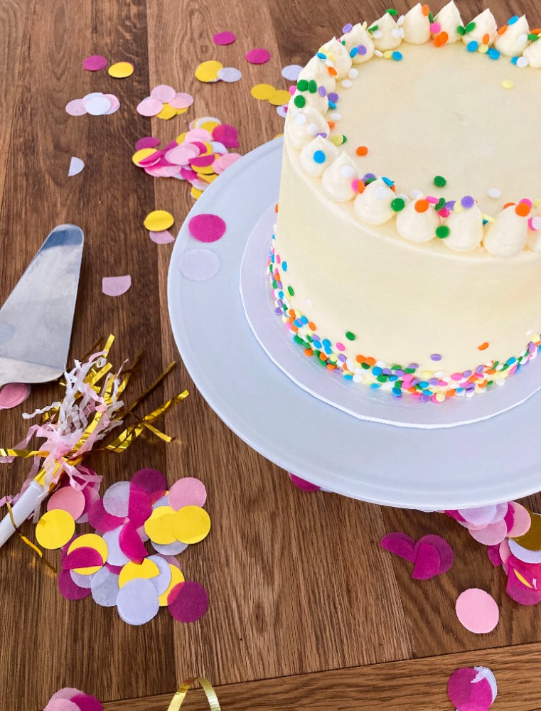 Funfetti sprinkle cake birthday party with confetti